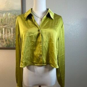 Green Satin Crop Button Up Shirt Y2K Long‎ Sleeves Shirt Top - Size L